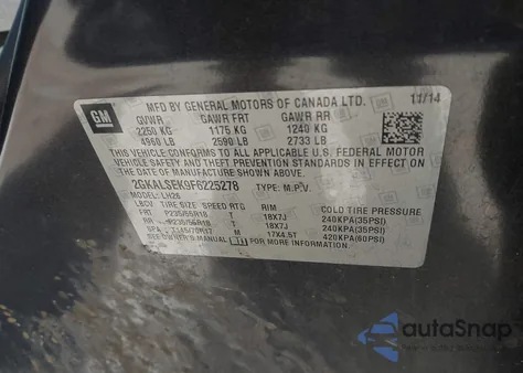 2015 GMC Terrain Slt-1 z USA, uszkodzony, nr VIN 2GKALSEK9F6225278